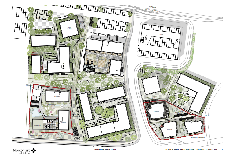 Situationsplan over Innovaters kommende byggeri ved Vinge Station. Visualisering: Norconsult Arkitektur.