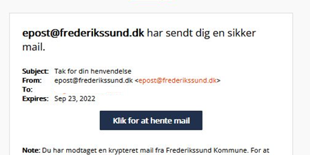 Billede af en email afsendt fra Frederikssund Kommune.