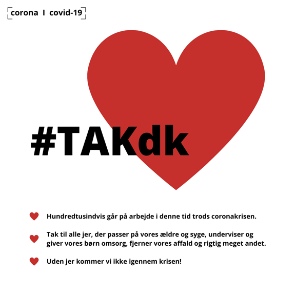 Et rødt hjerte med ordet tak er en del af KLs kampagne for at takke de kommunale medarbejdere for deres indsats under coronakrisen. Grafik: KL