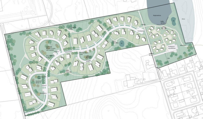 Skitse over bebyggelsesplan for parcelhuse og tiny houses. Grafik: Frederikssund Kommune.