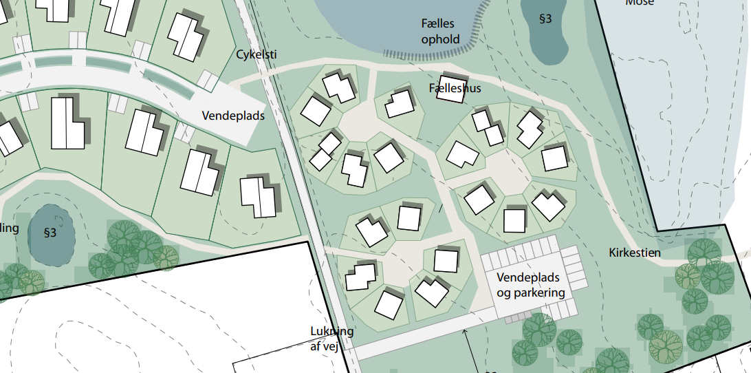 Illustration af område med tiny houses. Grafik: Frederikssund Kommune.