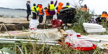 Fiskenet ligger i græsset og sandet mens elever står bagved og får instruktioner. Foto: Frederikssund Kommune, Kenneth Jensen.
