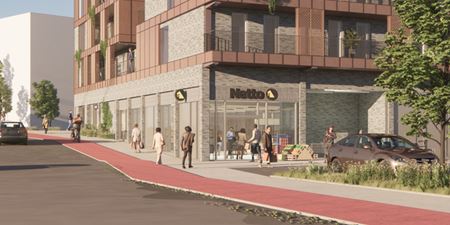 Illustration af Innovaters kommende byggeri i Vinge med en nettobutik i gadeplan. Illustration: Innovater A/S.