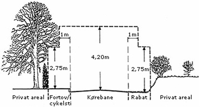 Illustration af afstande til fortov og kørebane samt højder for hække og træer.