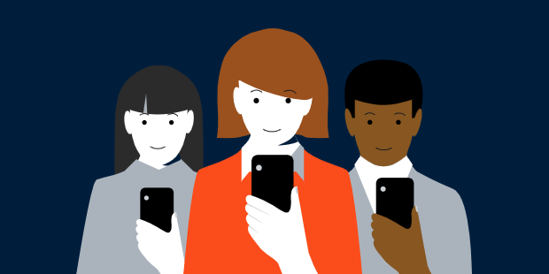 Tre personer kigger på deres mobiltelefon. Grafik Beredskabsstyrelsen.