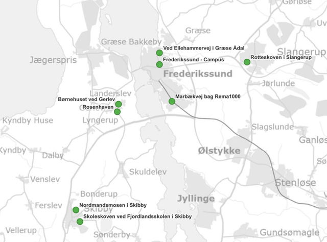 Kort der viser steder, hvor regulering af råger vil ske. Illustration: Frederikssund Kommune.