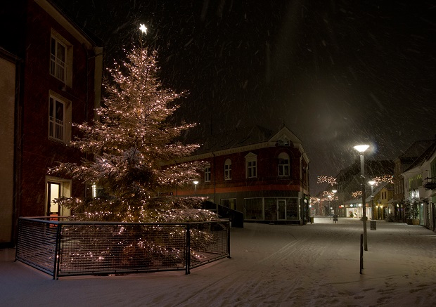 Sneindhyllet juletræ en aften ved Vandkunsten. Foto: Frederikssund Kommune, Kenneth Jensen.