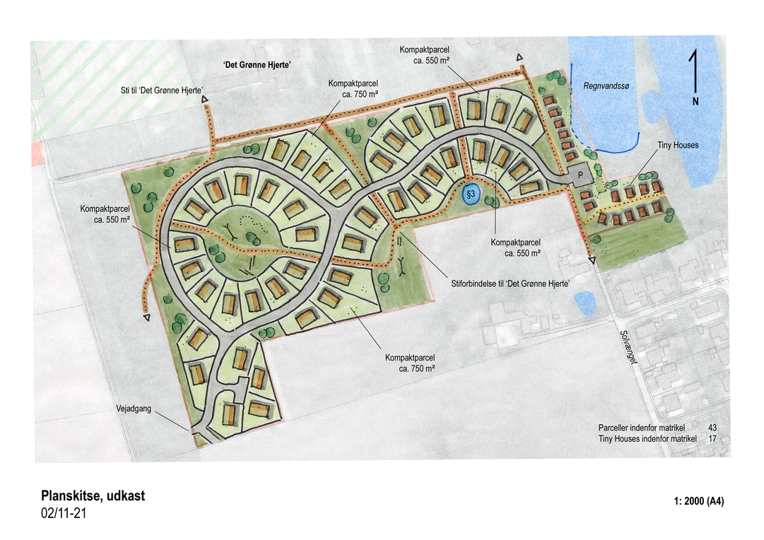 Kort over parcelhusområdet med angivelse af blandt andet grundstørrelser. Grafik: Frederikssund Kommune.