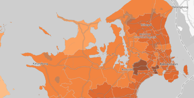 Udsnit af danmarkskort med angivelse af smittetryk. Grafik: SSI.