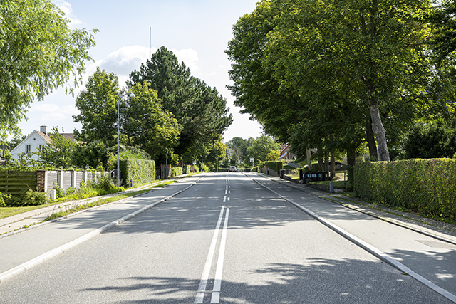 Færgevej i Frederikssund, med hække og træer ud mod fortov og vejbane. Foto: Kenneth Jensen.