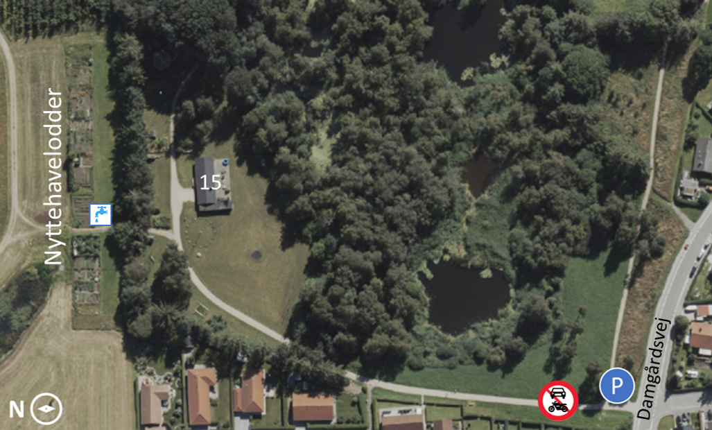Luftfoto af området omkring nyttehaverne. Havelodderne ligger umiddelbart nord for spejderhytten på Damgårdsvej 15, i billedets venstre kant. Syd for haverne strækker fællesarealet sig i et bælte langs haverne. Her står i adgangsstiens østre kant en vandpost, som er tilgængelig for loddernes lejere. Et stykke mod syd, på den anden side af Normandsmosen, løber Damgårdsvej i øst-vestgående retning. Umiddelbart nord for Damgårdsvej, lige inden for indkørslen til mosen, ligger en lille parkeringsplads.