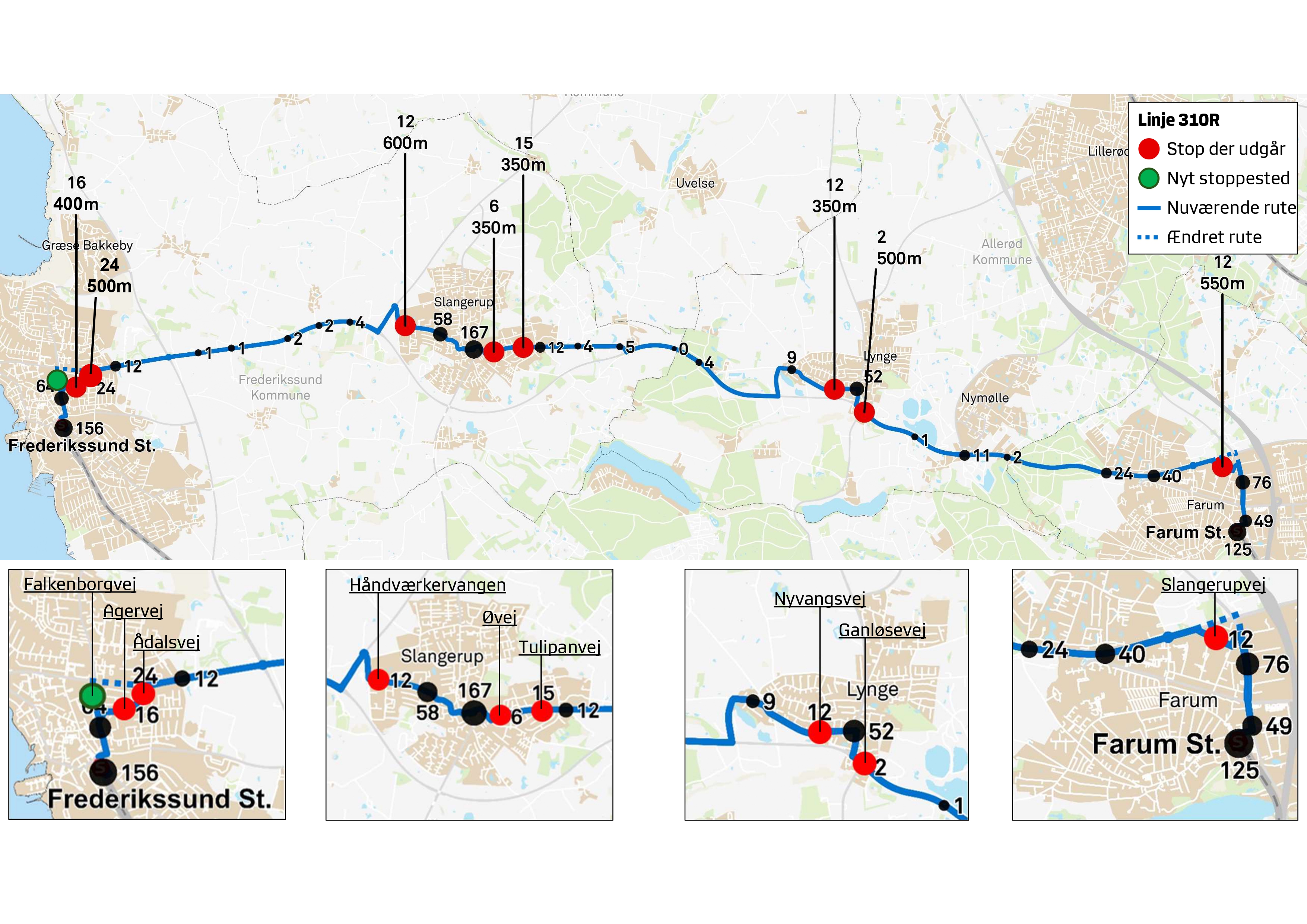 Billedet viser ændringer på ruten. Foto: Frederikssund Kommune