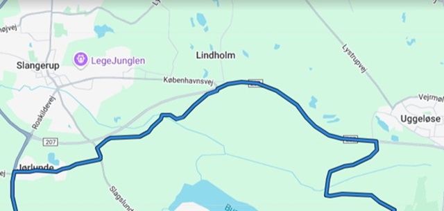 Kort viser ruten gennem Jørlunde og videre mod Gammel Københavnsvej og Hørup Skovvej. Kort: PostNord Danmark Rundt