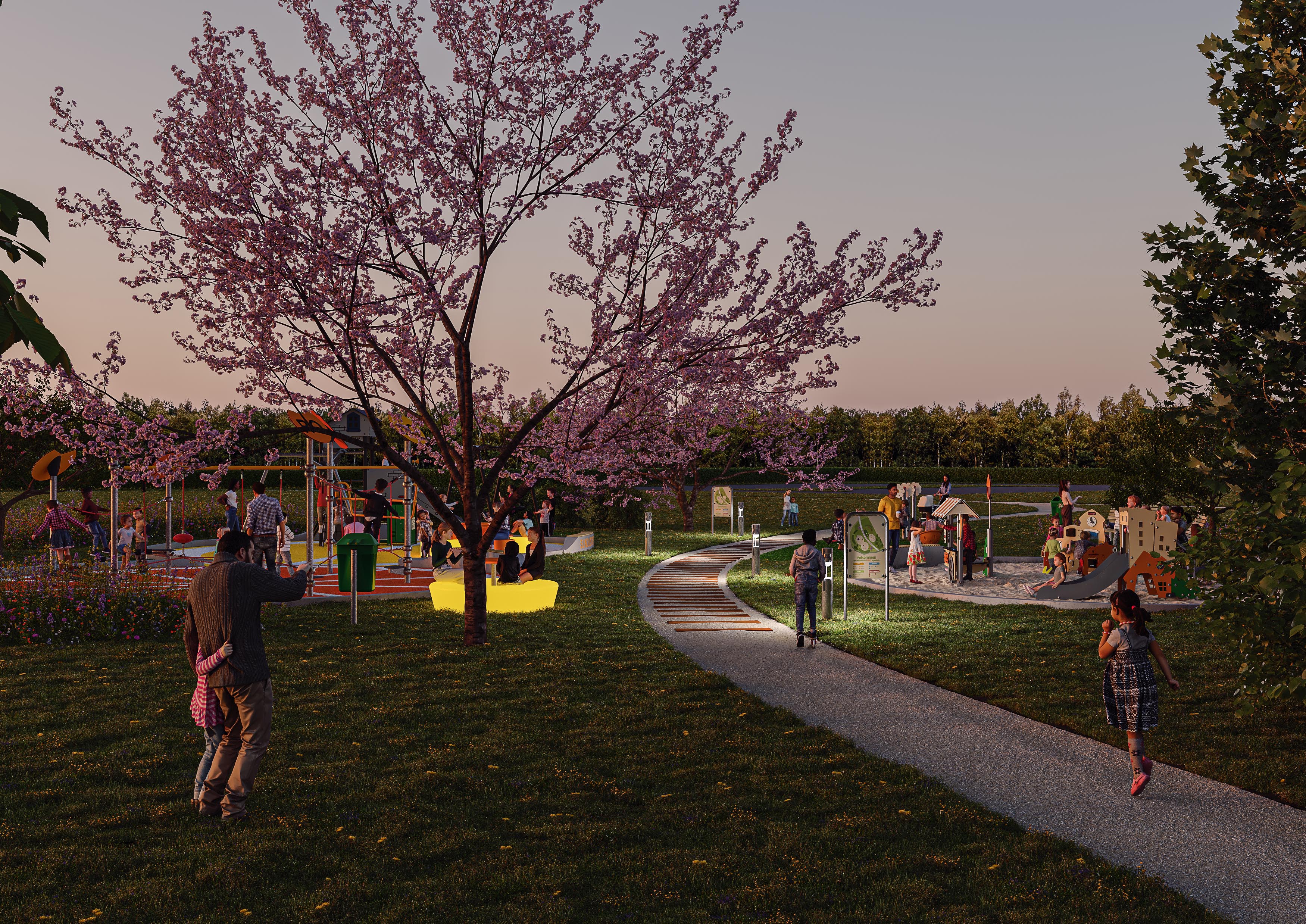 Illustration af hvordan den nye legeplads tager sig ud, når solen er gået ned. Illustration: Kompan