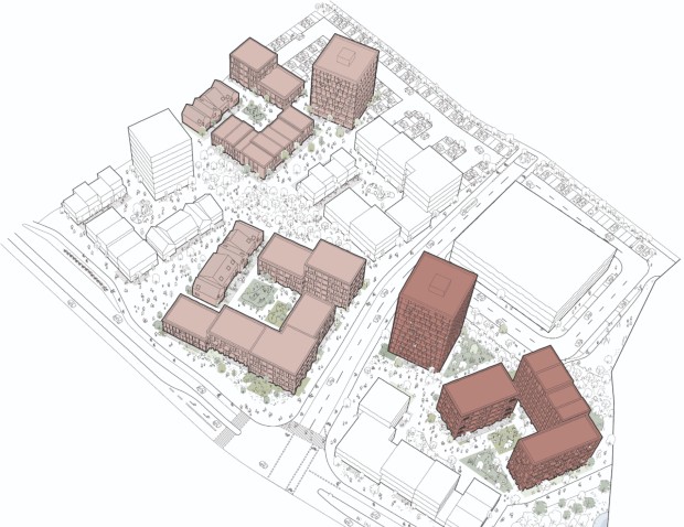 Oversigt over placeringen af det kommende byggeri. Visualisering: Rosenvænget/Domea.