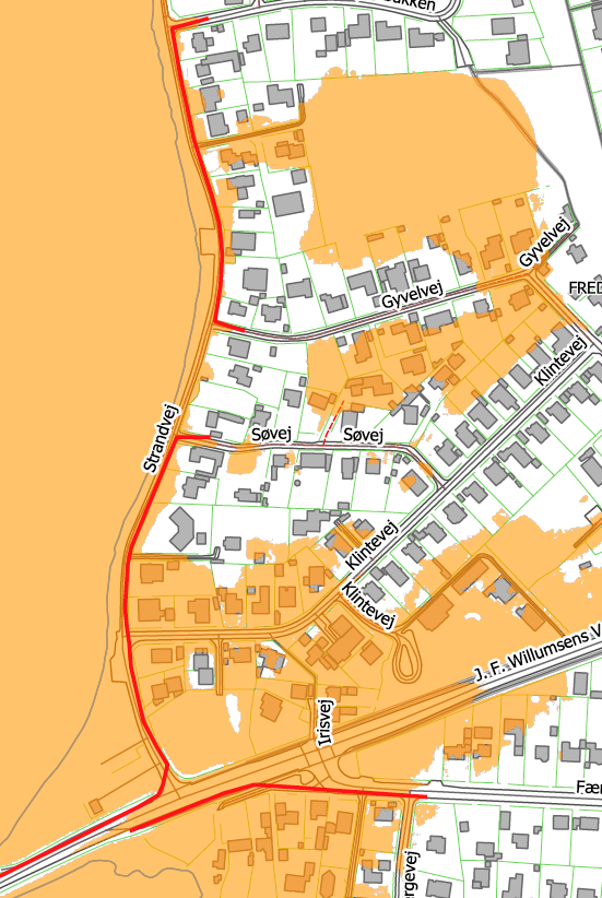 Placering af watertubes langs J.F. Willumsensvej, Færgevej og Strandvej i Frederikssund.