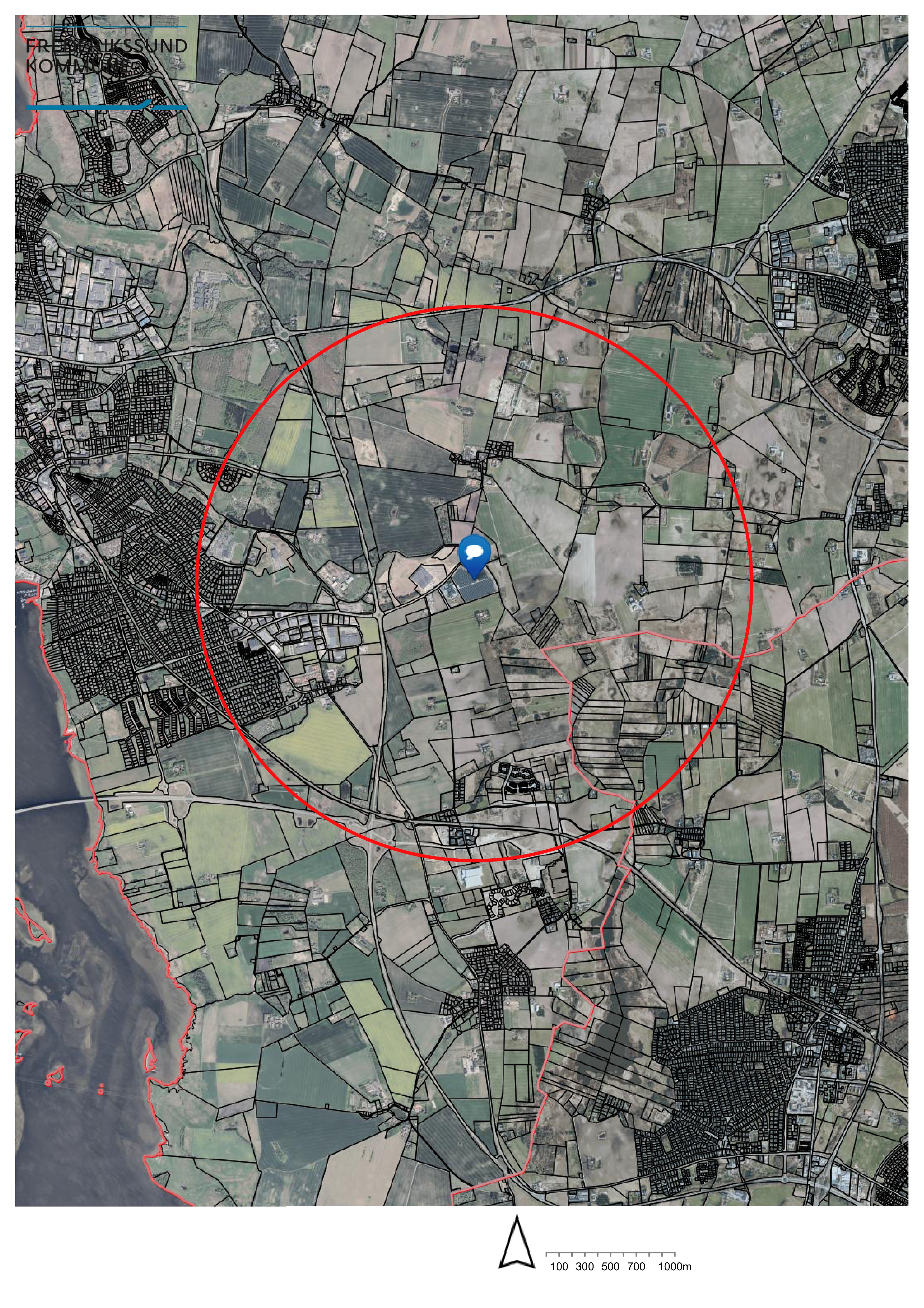 Kort der viser de 2 kilometers radius for solcelleanlæg ved Topsil.
