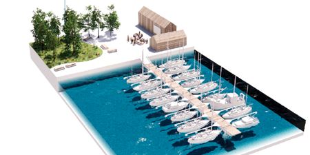 Illustration af havn med bådene i vandet og havneplads med grønt område, siddepladser og plads til ophold. Illustration: JAJA architects ApS.