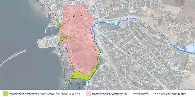 Kortet viser det område ’Bløden Digelag’ omfattede, samt den historiske kystlinje før landindvindingen i 1800-tallet. Det grønne område er det areal, hvor der skal udvikles kystbeskyttelse i projektet ’Frederikssund mødet vandet – livet mellem by og fjord’. 