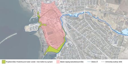 Kortet viser det område ’Bløden Digelag’ omfattede, samt den historiske kystlinje før landindvindingen i 1800-tallet. Det grønne område er det areal, hvor der skal udvikles kystbeskyttelse i projektet ’Frederikssund mødet vandet.