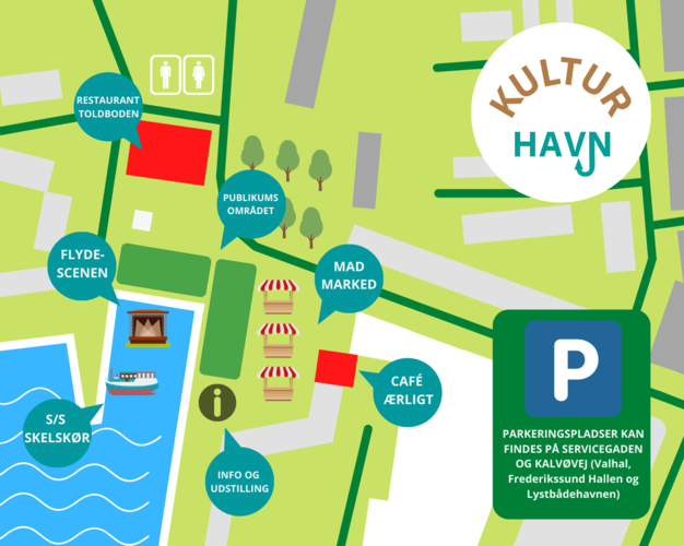 Illustration af området på havnen hvor Kulturhavn 2022 finder sted. Grafik: Frederikssund Kommune.