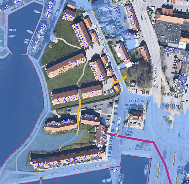 Kort over vandstand og diger ved Nordre Pakhusvej i Frederikssund. Grafik: Frederikssund Kommune.