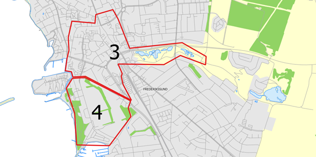 Kystbeskyttelsesprojektet fokuserer i første omgang på områderne 3 og 4 på kortet, som skal sikres mod oversvømmelse i tilfælde af stormflod. Grafik: Frederikssund Kommune.