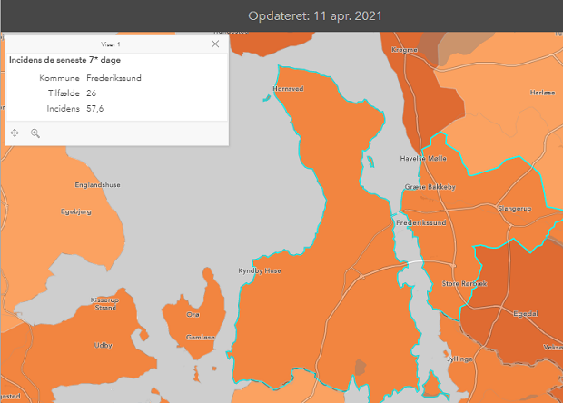 Udsnit af smittekort med tal for Frederikssund Kommune.