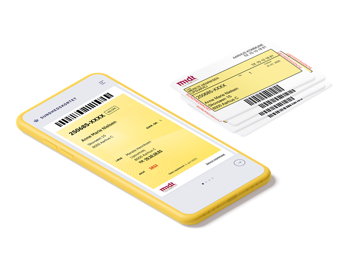 Mobiltelefon med sundhedskort appen åben og et sundhedskort ved siden af. Grafik: Digitalstyrelsen