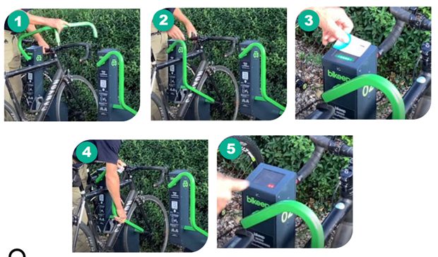 Billedsekvens, der viser, hvordan en cykel låses. Foto: Bikeep.