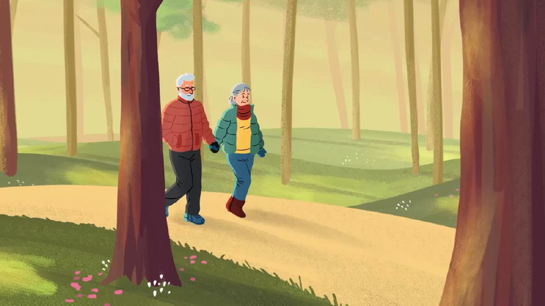 Tegning af ældre ægtepar, der går tur i skoven. Grafik KL og Danske Regioner.