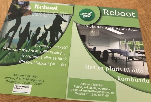 Frederikssund Kommune har lavet en flyer om tilbuddet Reboot. Flyeren kan findes i Ungekontakten, Rådgivningshuset og i Borgerservice. Foto: Frederikssund Kommune.