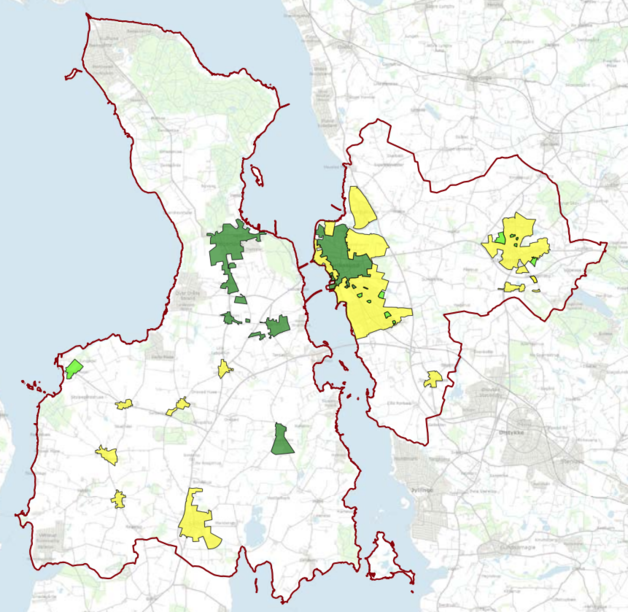 kort over kommunen med farver, der angiver varmeforsyningsområder. Grafik: Frederikssund Kommune.