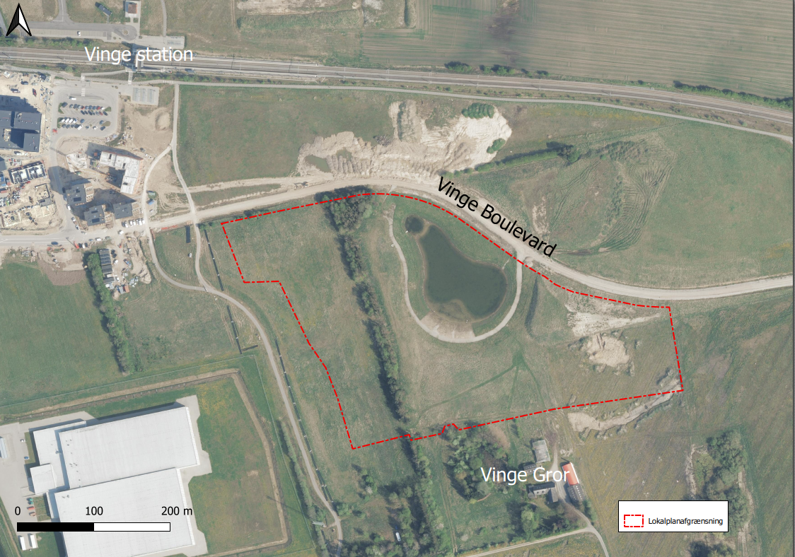 Luftfoto med lokalplanafgrænsning