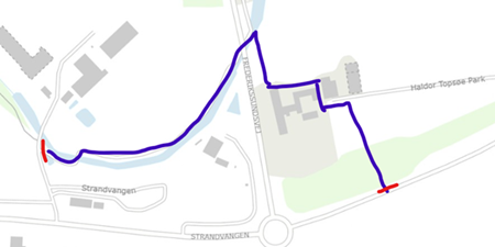 Kort med tegning af grusstien mellem Strandvangen 17 og Haldor Topsøe Park 1. Illustration: Frederikssund Kommune.