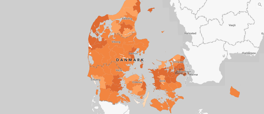 Danmarkskort, der viser udbredelsen af coronavirus fordelt på kommuner. Grafik: Statens Seruminstitut.