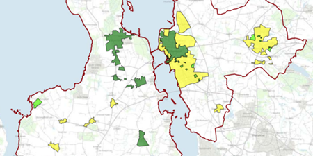 Udsnit af kort over kommunen med farver, der angiver varmeforsyningsområder. Grafik: Frederikssund kommune.