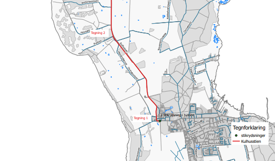 Kortudsnit, der viser en del af Kulhusecykelstien. Grafik: Frederikssund Kommune.