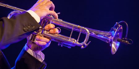 Hænder holder en trompet.