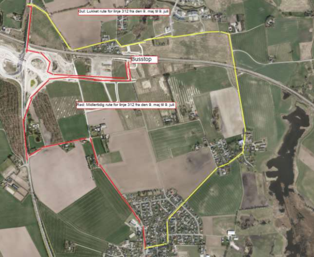 Kort over omlægning af busruten. Grafik: Frederikssund Kommune.