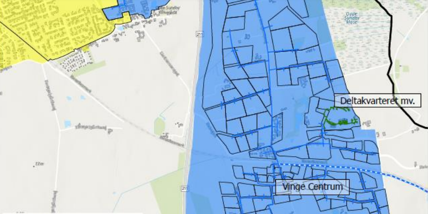 Kortudsnit over fjernvarme i Vinge. Grafik fra I/S Vestforbrændings projektforslag.