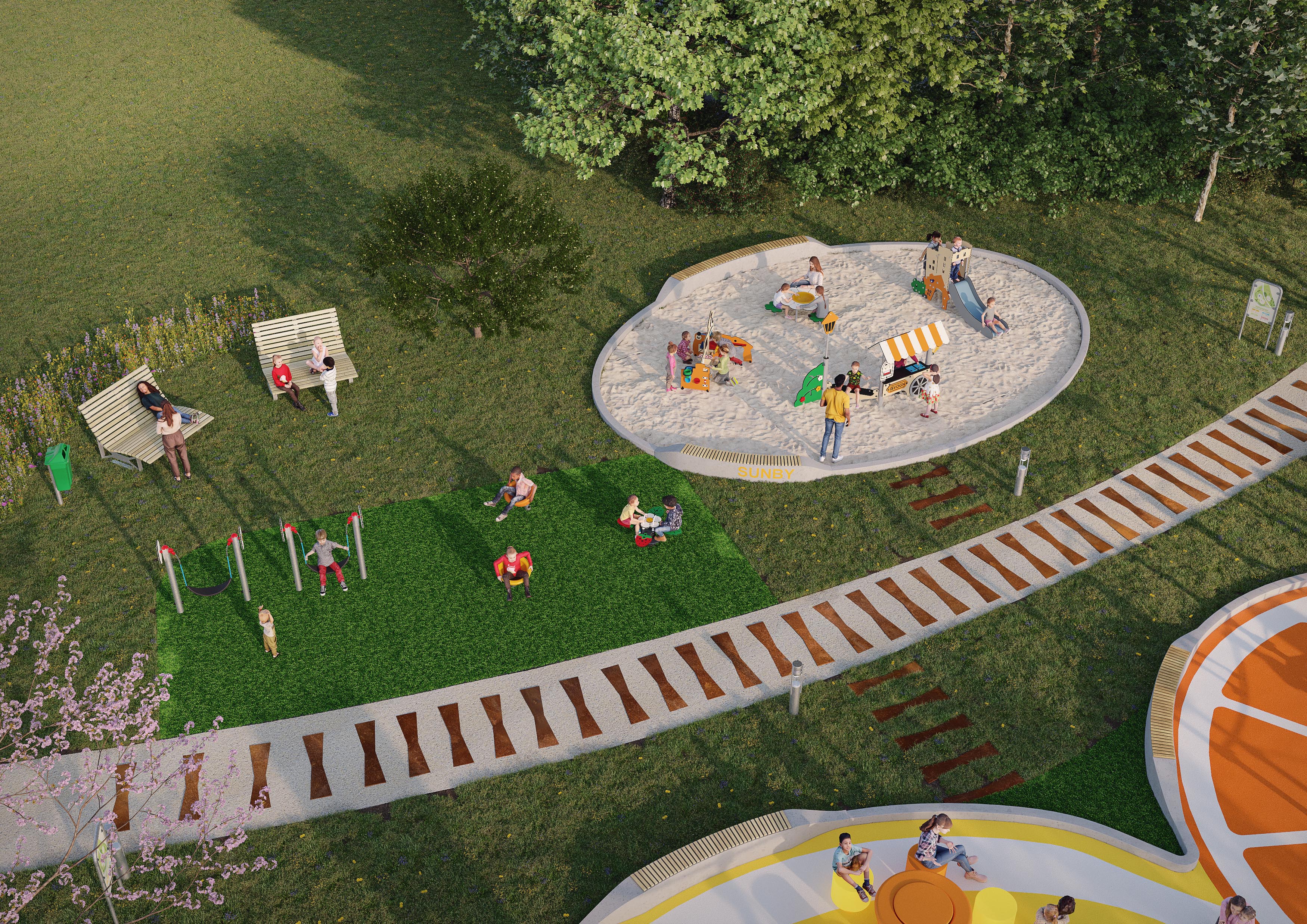 Illustration af den nye legeplads. Illustration: Kompan Illustration af den nye legeplads. Illustration: Kompan