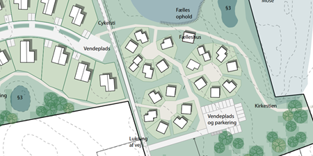 Illustration af område med tiny houses. Grafik: Frederikssund Kommune.