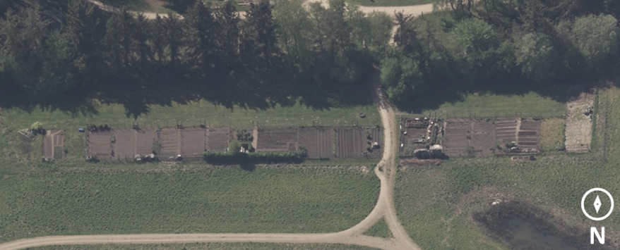 Luftfoto af havelodderne i harvet stand.