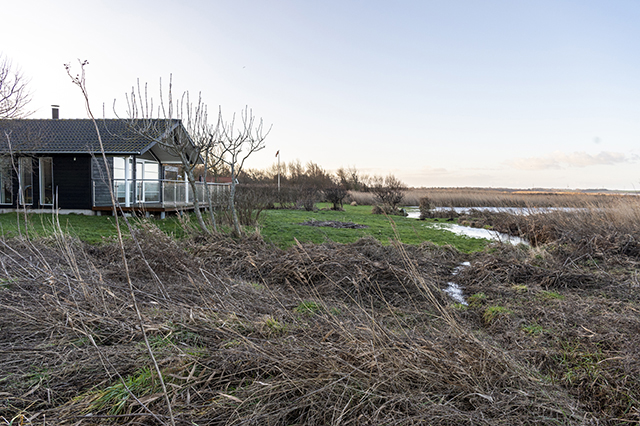 Vandet kan denne gang komme længere op på terræn - og dermed tættere på husene - end det var tilfældet i mandags. Foto: Kenneth Jensen, Frederikssund Kommune. Sommerhus på Over Draaby Strand, med vand fra fjorden i forhaven på grund af den forhøjede vandstand. Foto: Kenneth Jensen, Frederikssund Kommune.