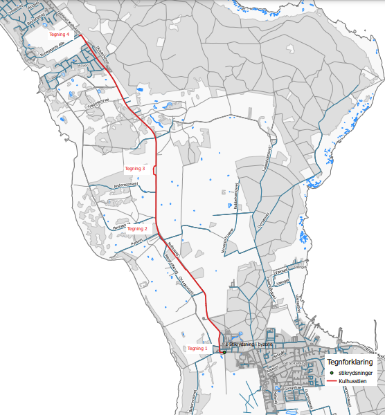 Kort, der viser Kulhusecykelstiens forløb. Grafik: Frederikssund Kommune.